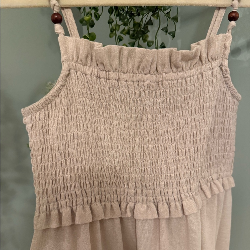 Zara Khaki Linen Smocked Midi Dress - Picture 5 of 9